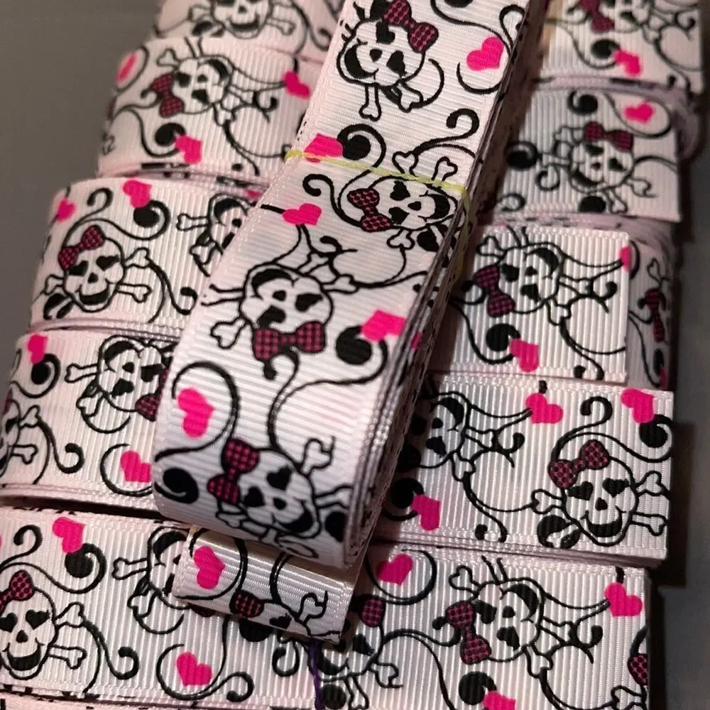 grosgrain Ribbon 7/8” NEW 5 yards beauty skulls checkers hot pink bow scrolls